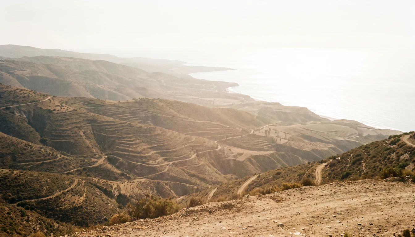 A wide view from a high dry hillside down to a pale coastline, terraced slopes softened by bright haze