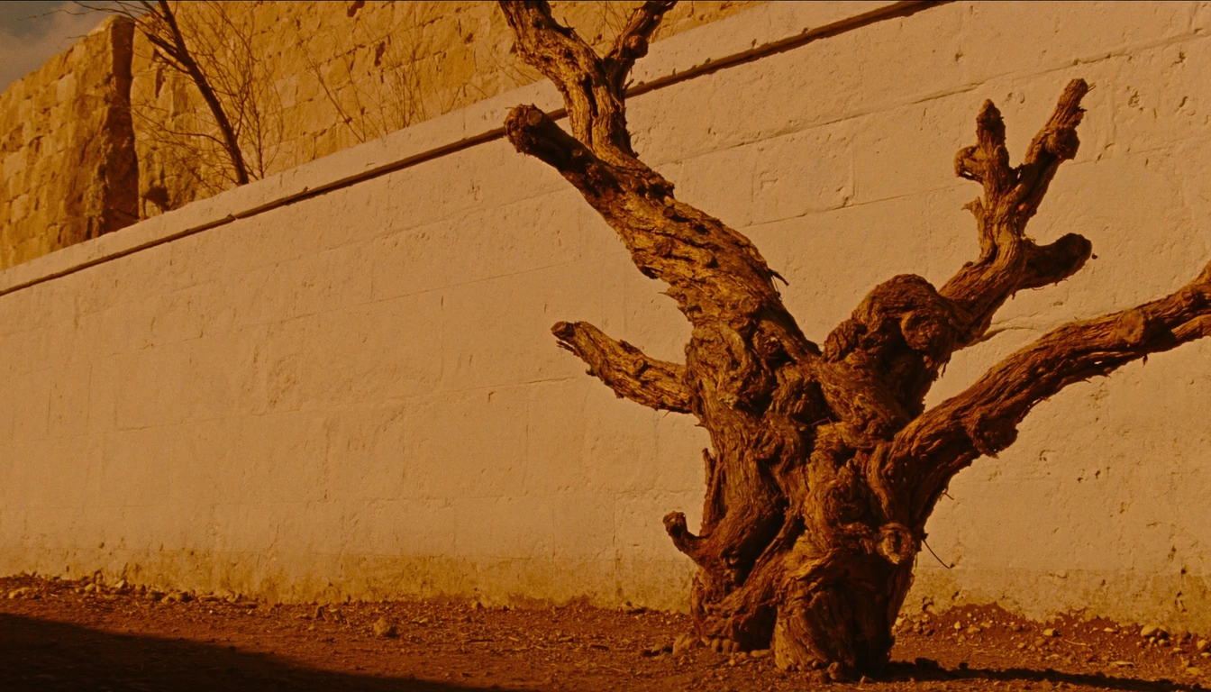 A thick old vine stock dividing into four heavy limbs against a pale wall in warm low light