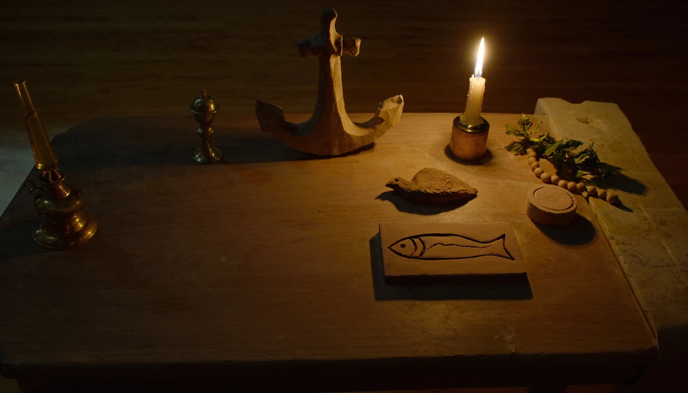 A carved anchor, a fish cut into a tile and a lit candle on a wooden table