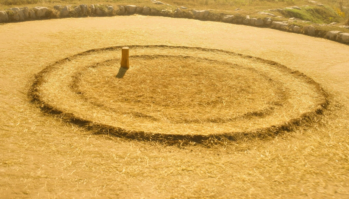 A circular threshing floor of packed earth and straw, a worn ring track curving around the centre post