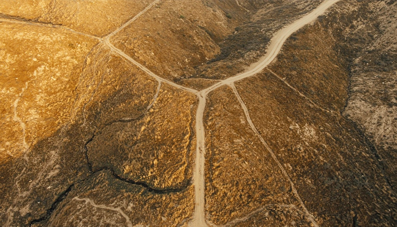 A worn track seen from above splitting into two paths that diverge across dry hill country