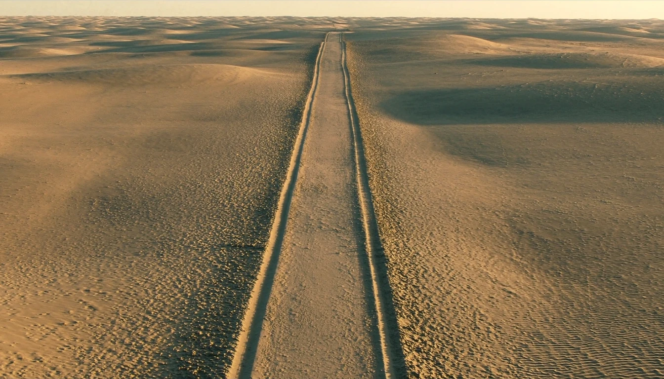 A single worn track running straight away across open dunes toward a far horizon in low sun