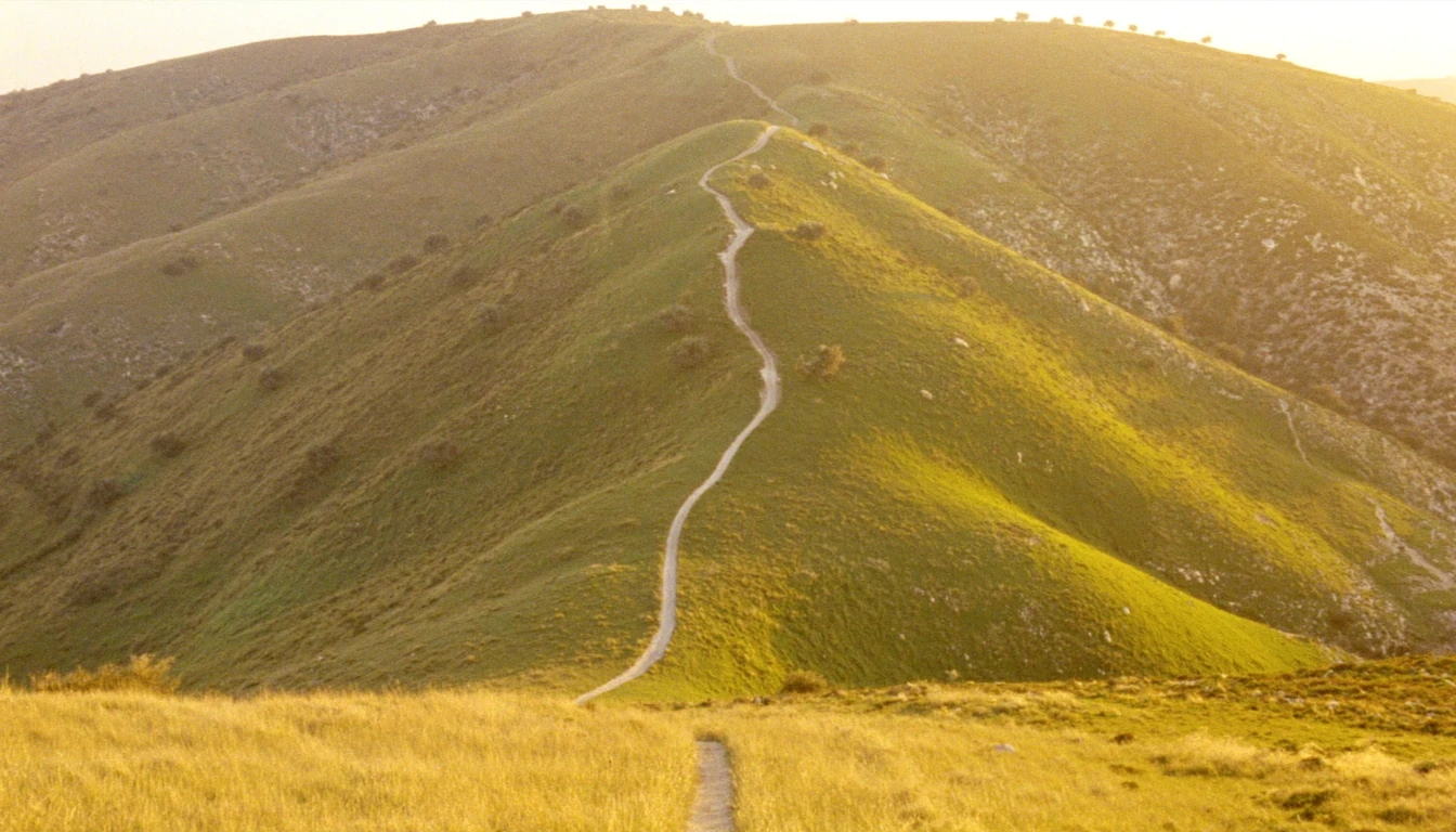 A narrow footpath winding up over a green ridge and away out of sight, low golden light across the slopes