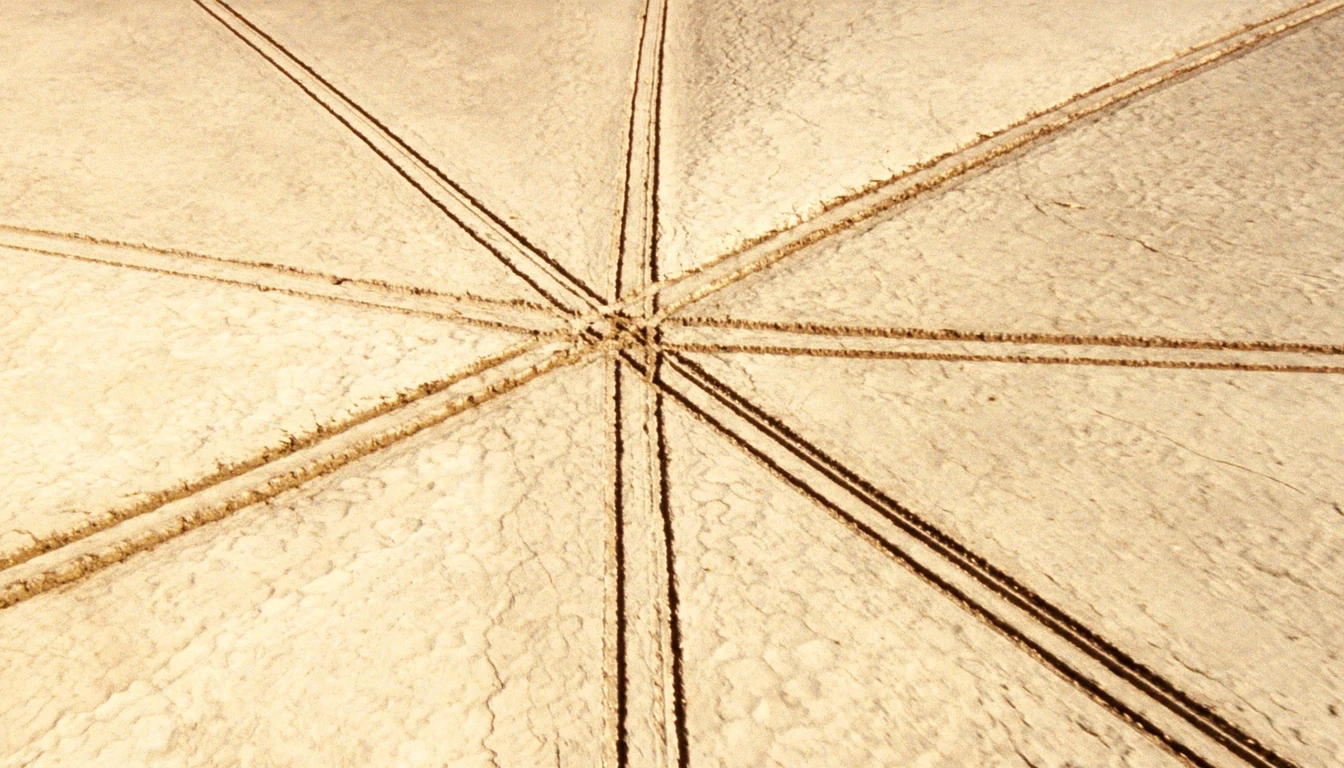 Paired cart ruts running out across pale cracked flats from a single meeting point, seen from directly above