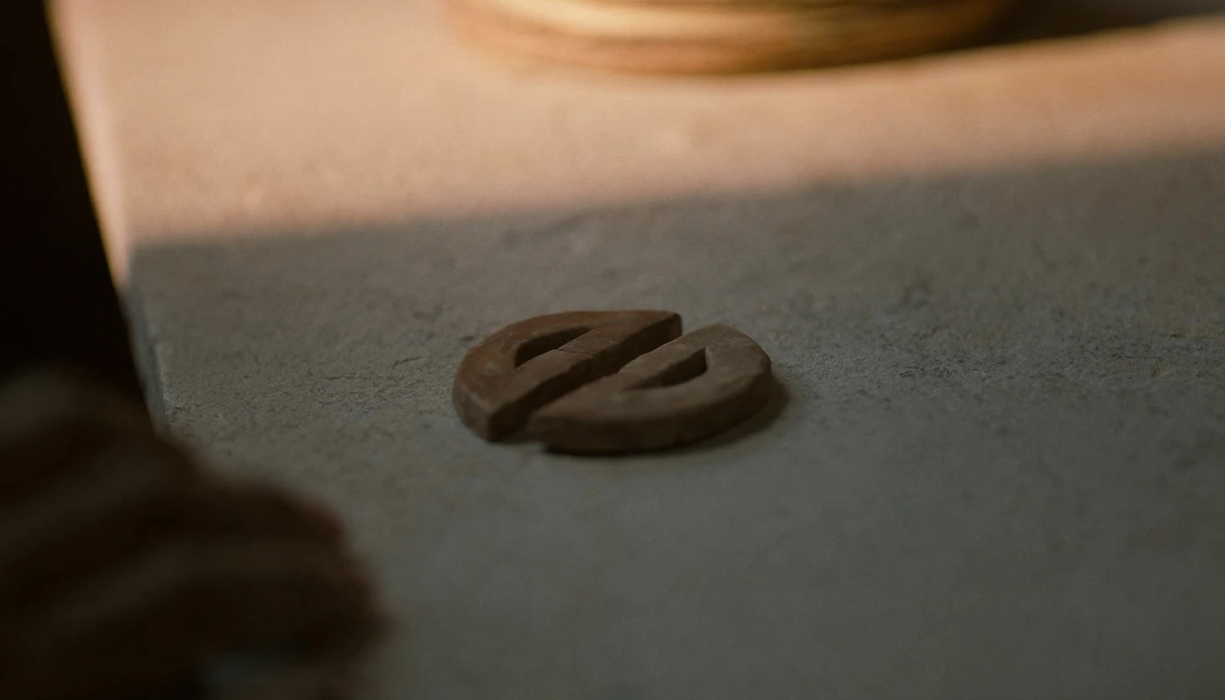 Two matching halves of a broken clay token fitted back together on a stone slab, the join line clearly visible