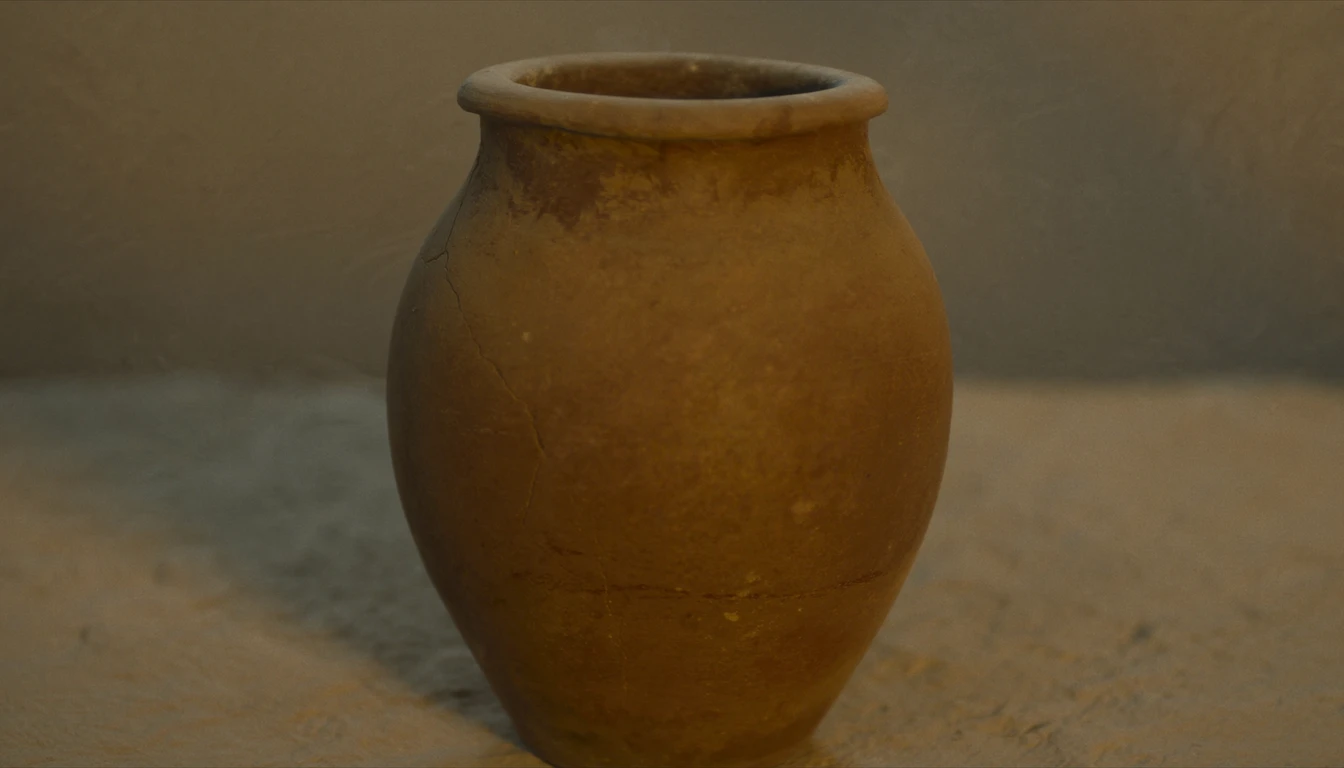 A clay jar standing whole on a plain surface, the lines where it was broken and mended still showing