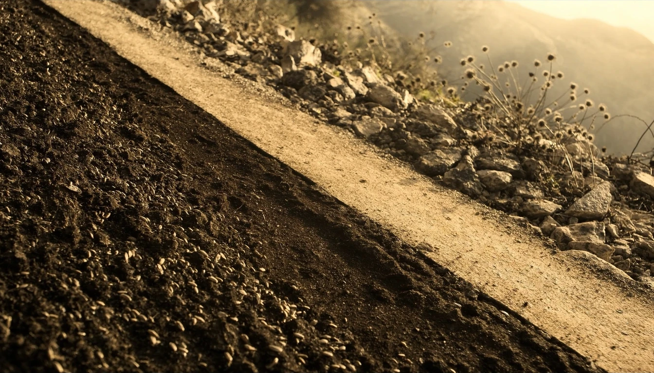 Dark turned soil scattered with seed meeting a hard trodden path, loose stones and dry thistles along the far edge