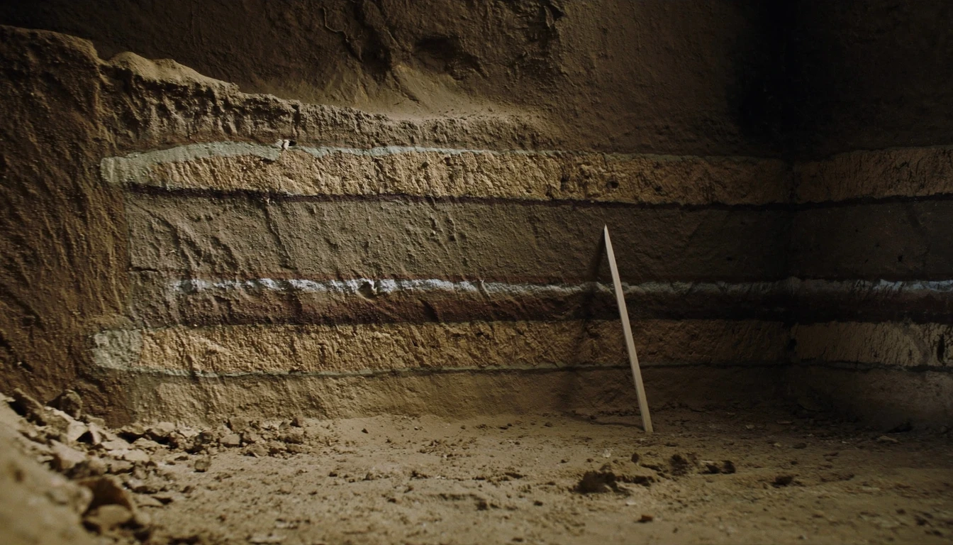 A cut excavation wall showing distinct bands of earth layered one above another, a plain measuring rod leaning against it