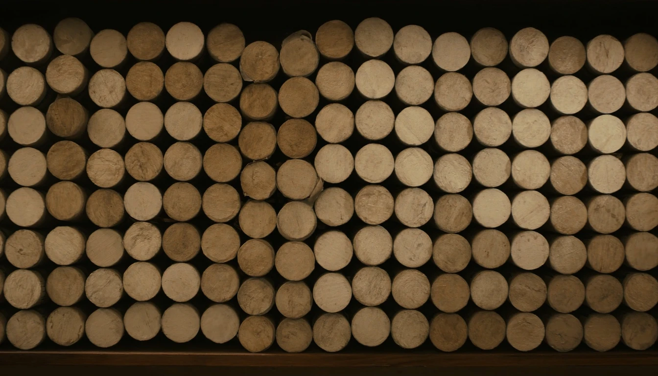 A wall of scroll cases stacked end-on in even rows, their round wooden ends filling the frame