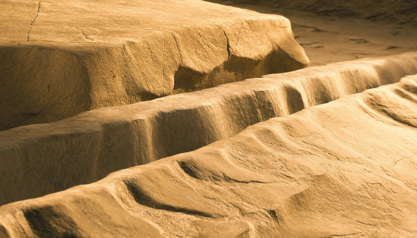 Broad stone steps worn into deep smooth hollows by long use, warm low light across the treads