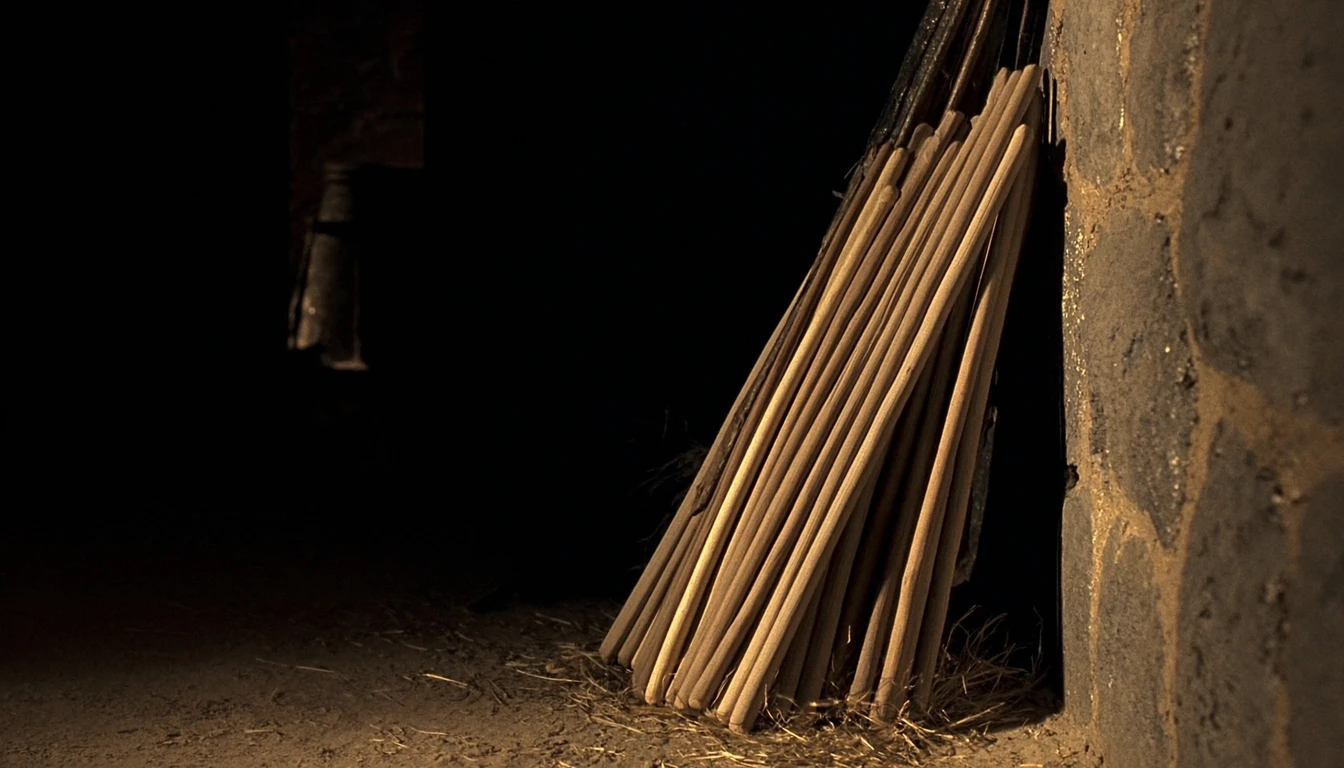 A bundle of plain round wooden walking staffs leaning together against a rough stone wall