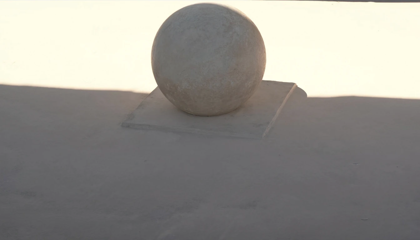 A smooth unmarked stone sphere resting on a plain square stone slab in soft light