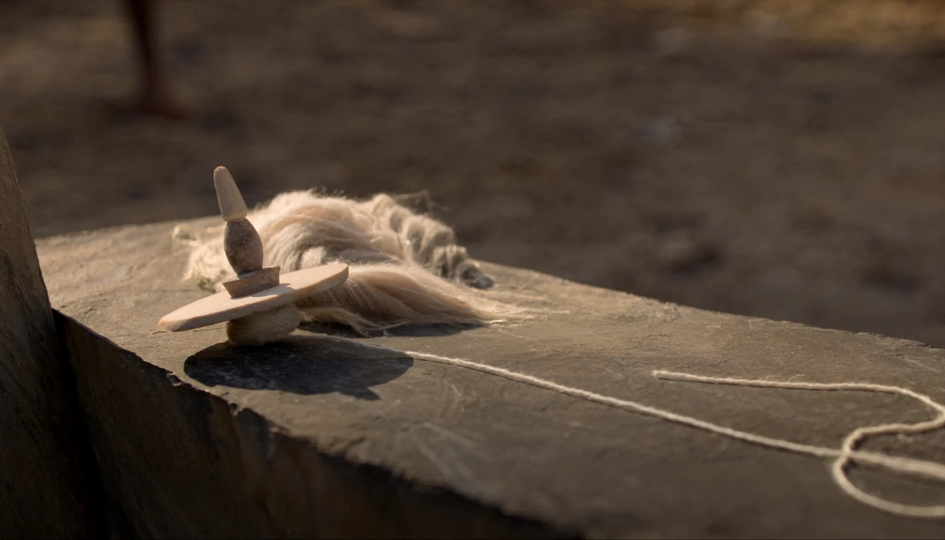 A spindle with a stone whorl resting on a stone slab beside raw wool, a spun thread trailing away across the surface