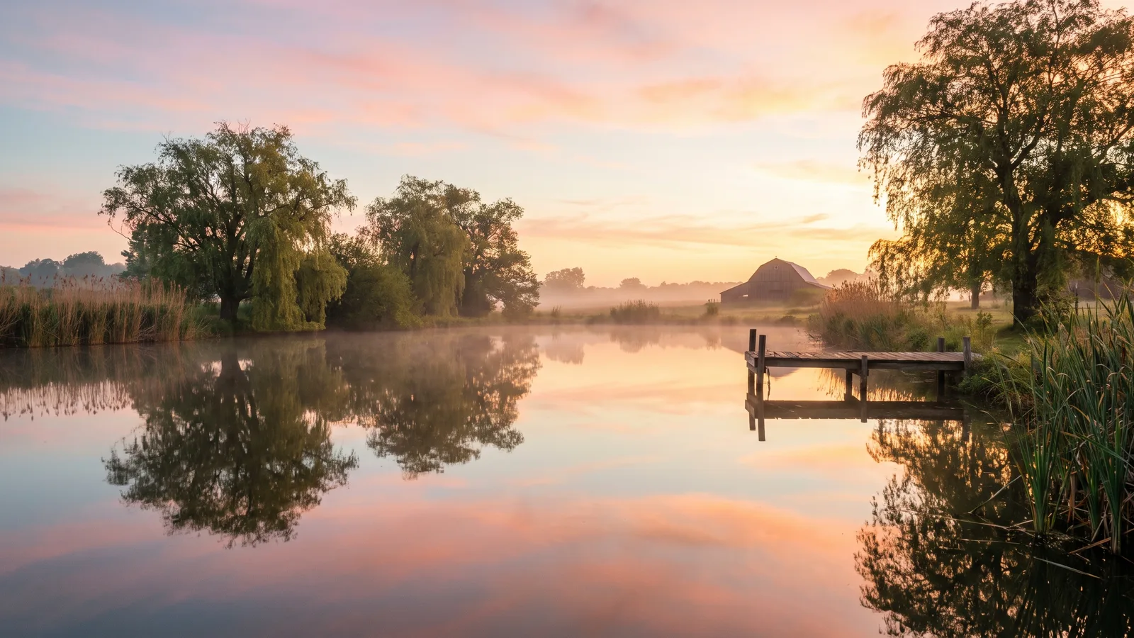A perfectly still pond reflecting a soft pastel sky at dawn
