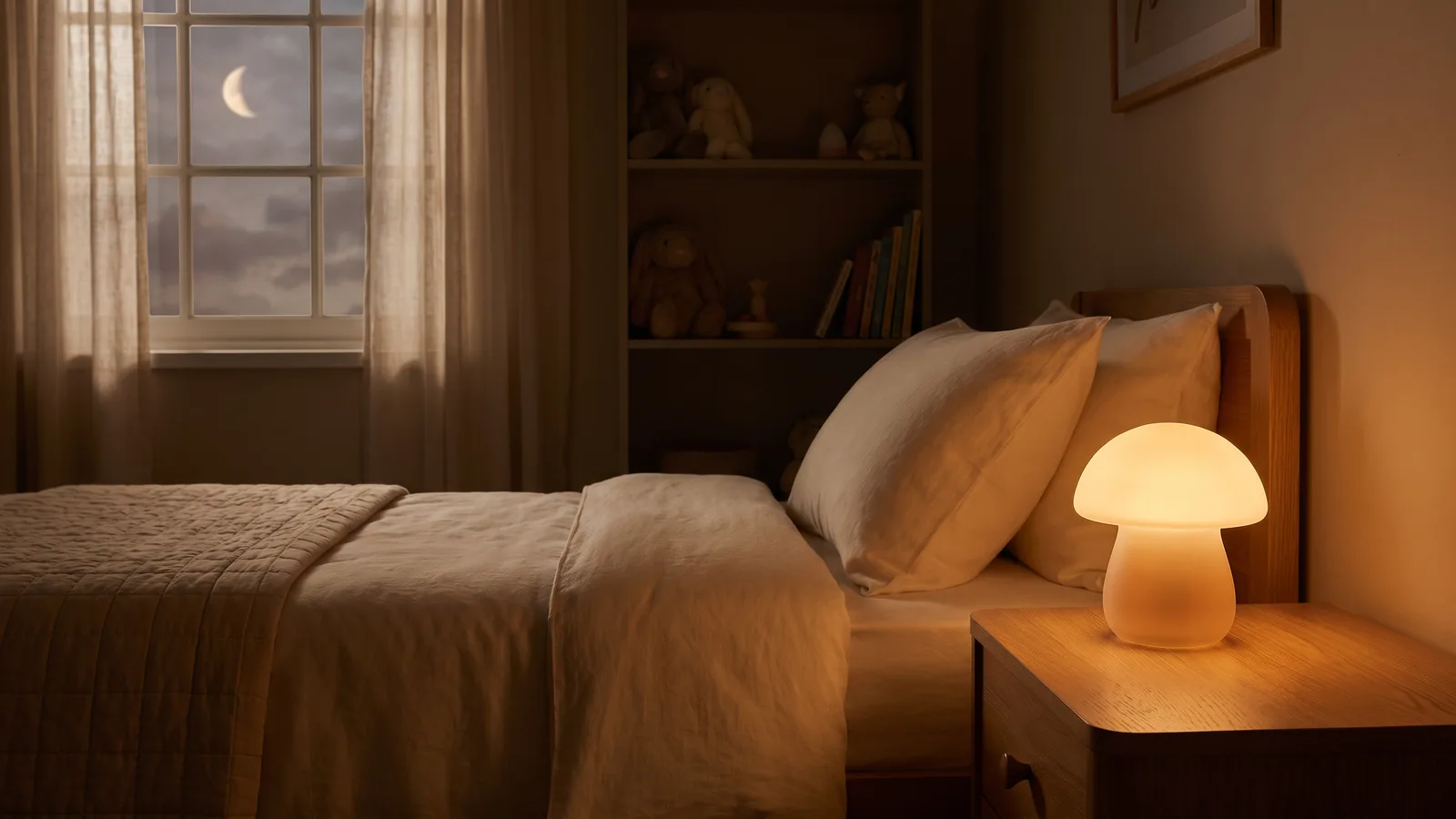 A small glowing nightlight beside a neatly made child's bed, a soft moon visible through the window