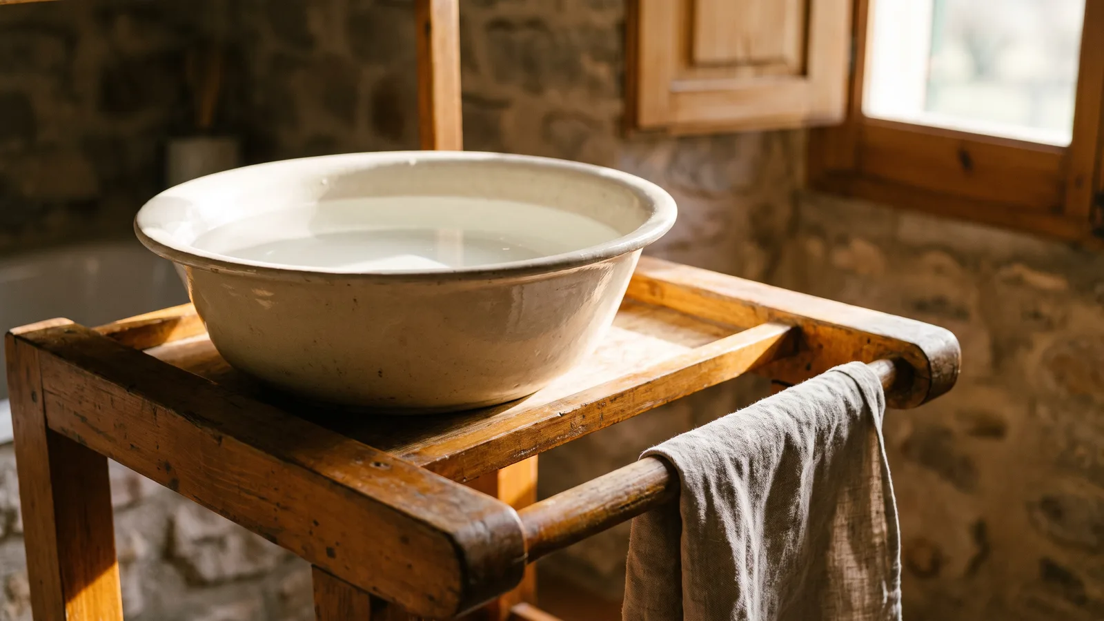 A simple white ceramic wash basin filled with clear water on a wooden stand