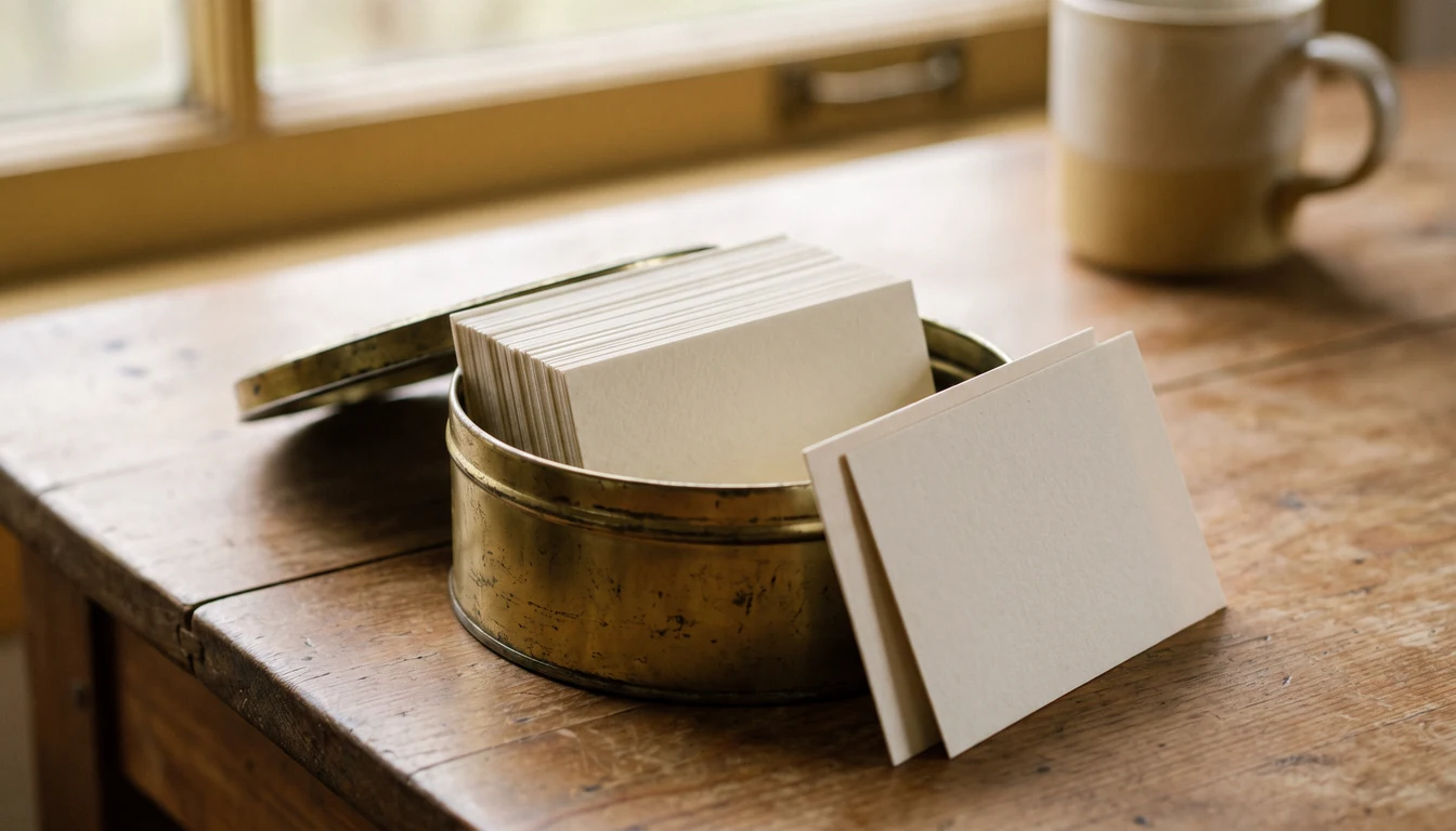 A small open tin box on a pale wooden table holding a row of upright blank cream cards, two loose blank cards beside it