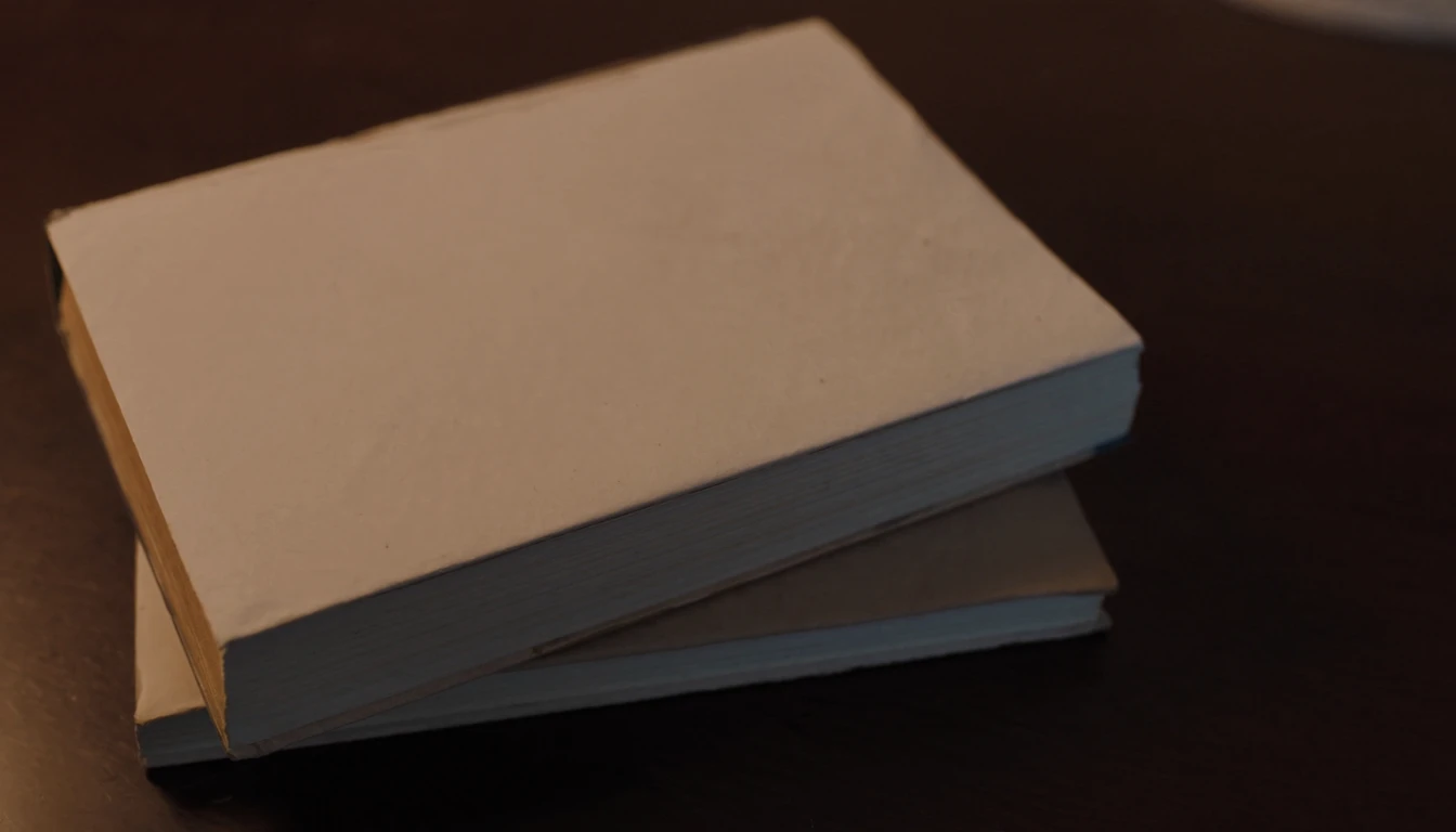 Two plain clothbound books stacked on a table in soft light