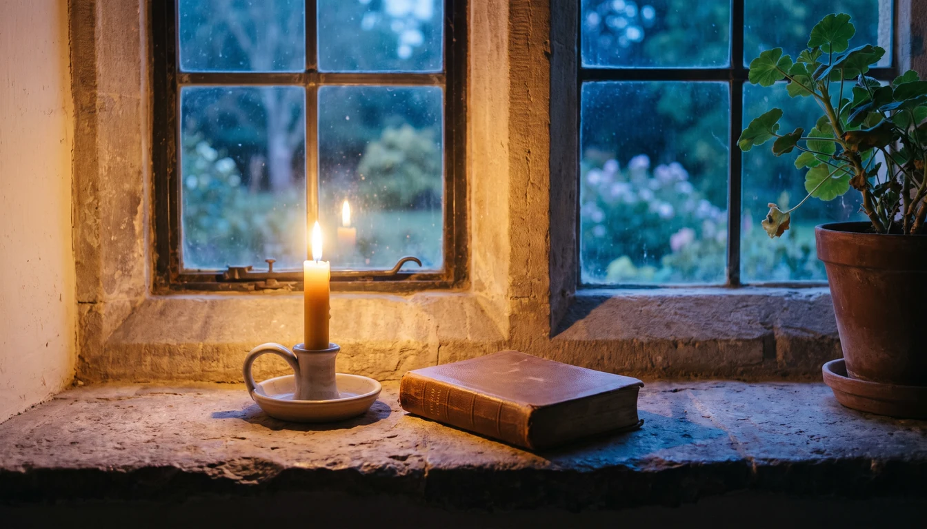 A single lit candle and a closed leather book on a worn stone windowsill, a rain-flecked window and a dark blue garden beyond