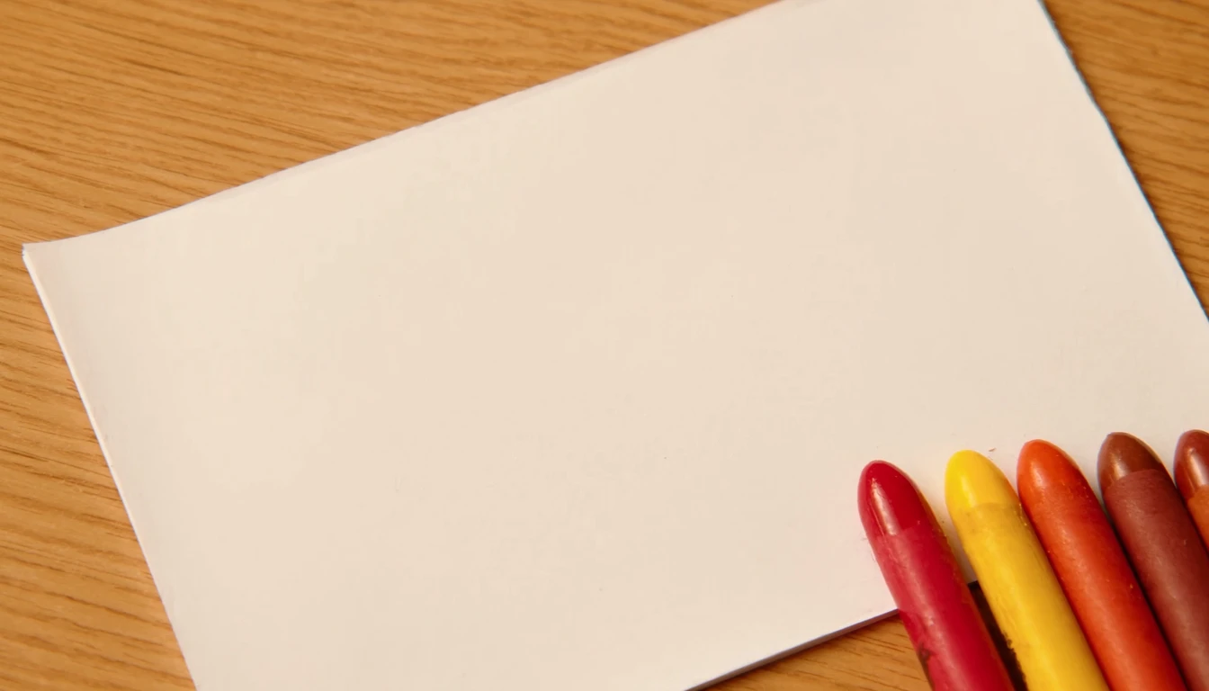 A blank sheet of paper on a wooden table with a row of bare wax crayons lying along its edge