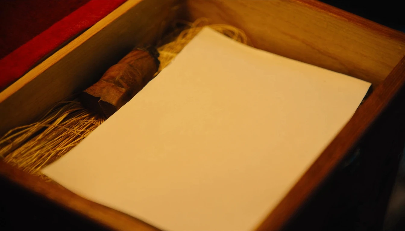 A blank sheet of paper lying in a shallow wooden box on loose straw
