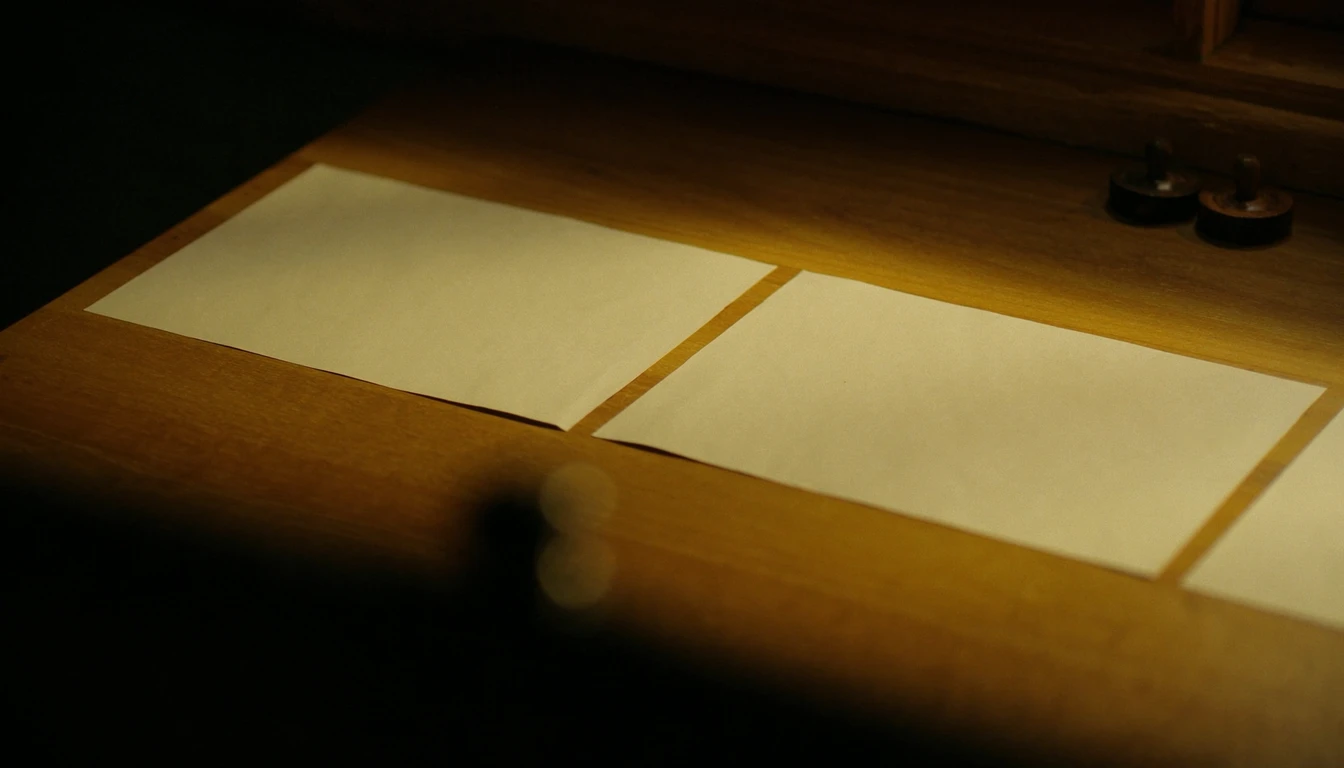 Two blank cards lying face up on a wooden table in warm lamplight