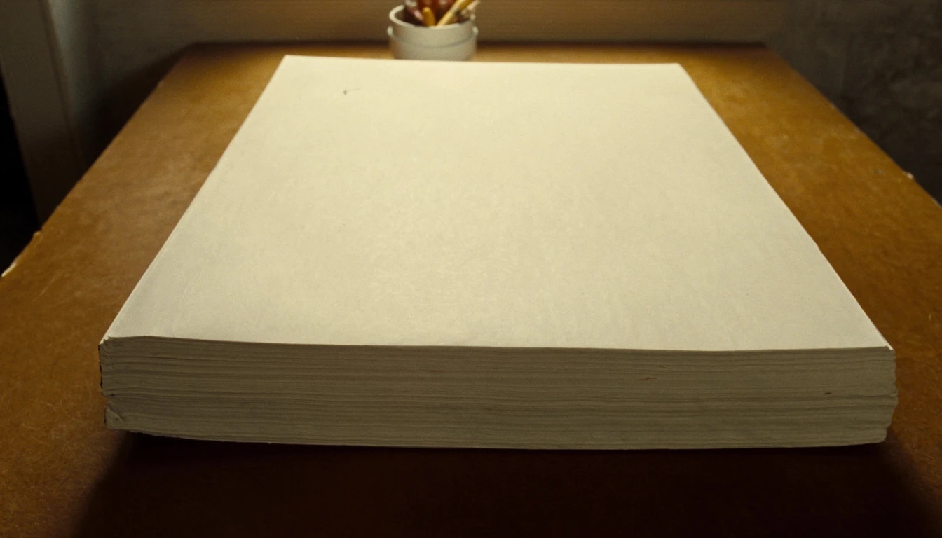 A thick stack of blank paper on a table with a small pot of crayons standing behind it