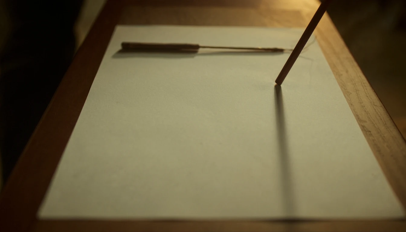 A sheet of blank paper on a wooden board with a plain wooden stylus resting across it