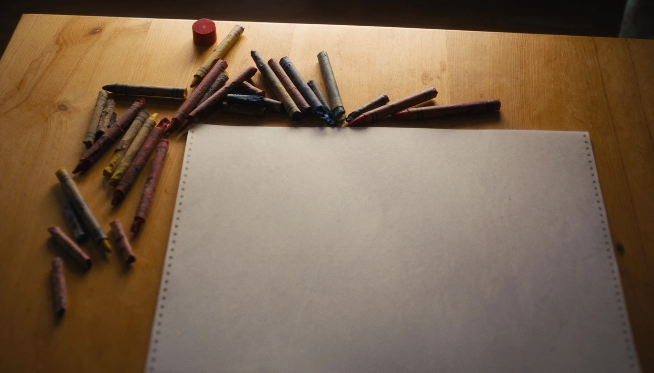 A blank sheet of perforated paper on a wooden table with loose wax crayons scattered beside it