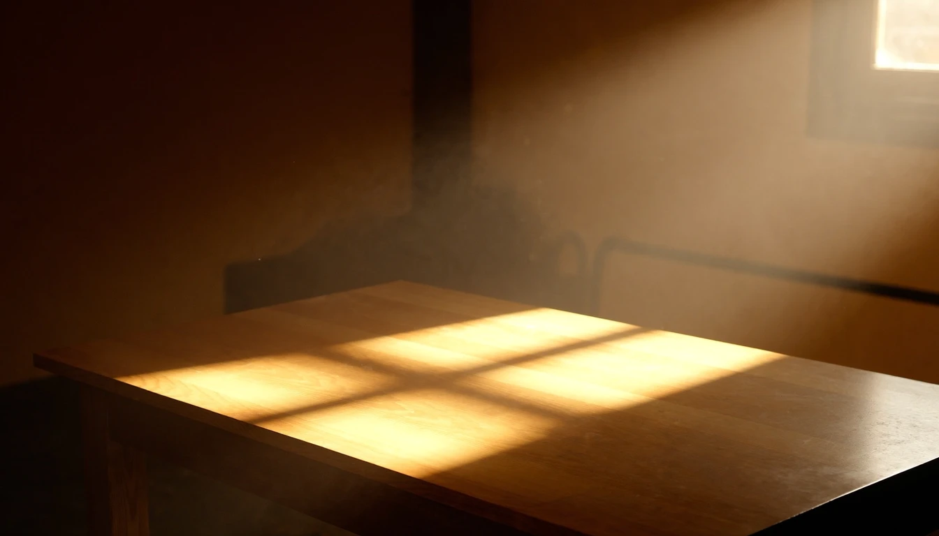 Afternoon light falling in a bright rectangle across an empty wooden table