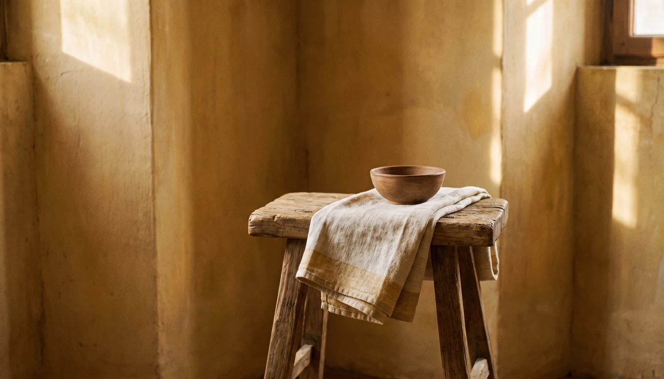 A quiet corner with a low wooden stool, a folded cloth laid over it and a small clay bowl on top