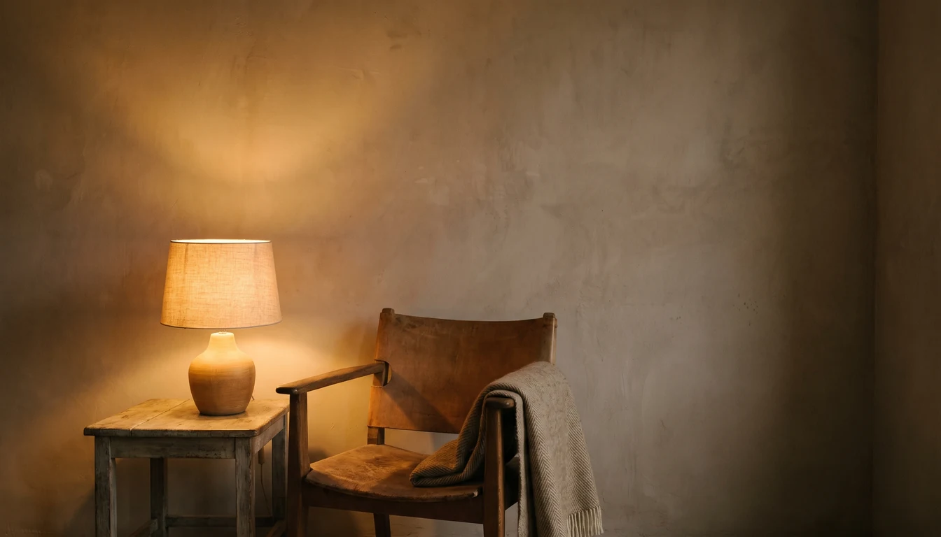 A low wooden chair beside a small side table in a dim room, one soft lamp lit and a folded blanket