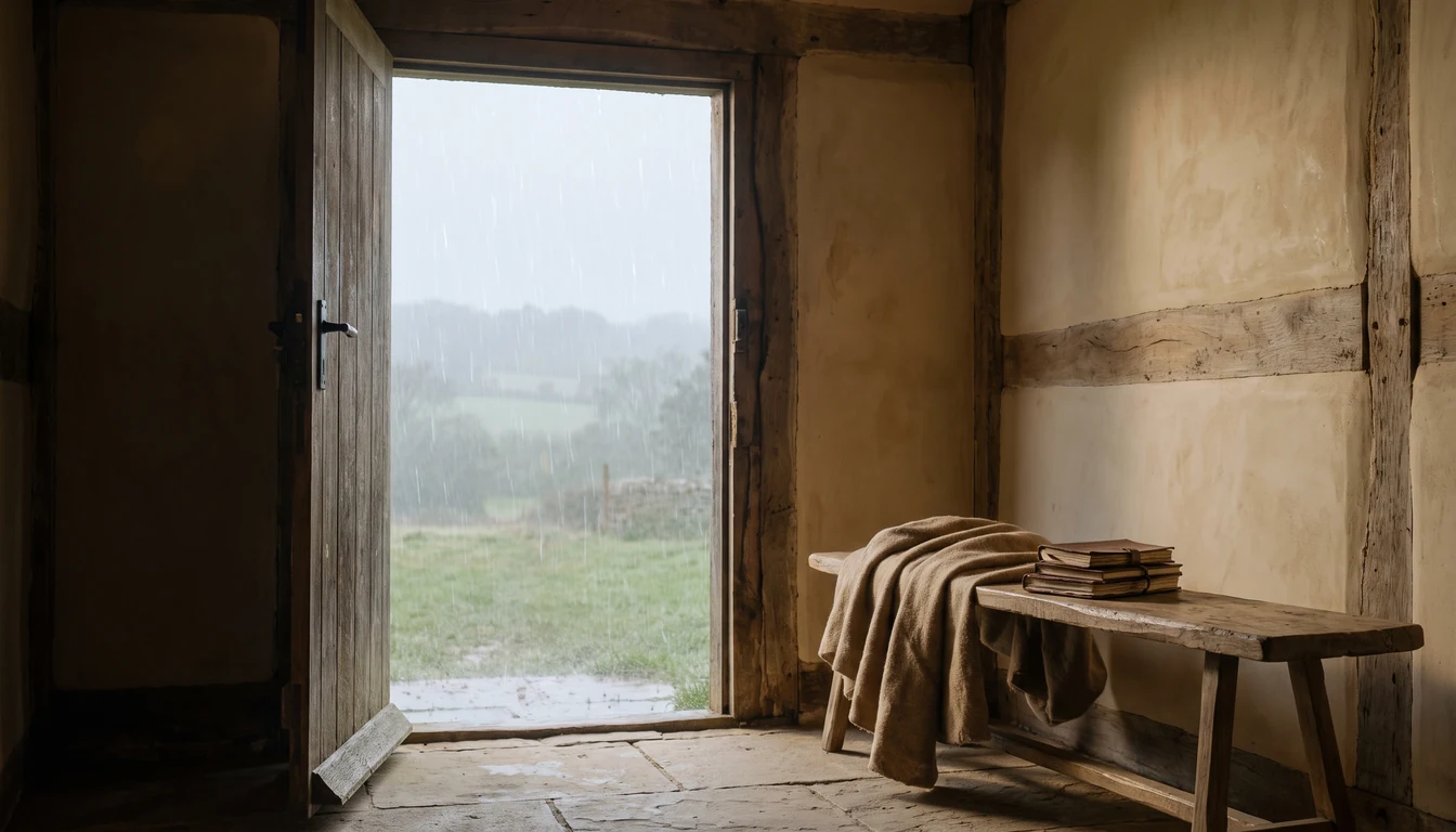 An open interior doorway looking out onto steady rain on a stone yard, a folded blanket on a bench inside