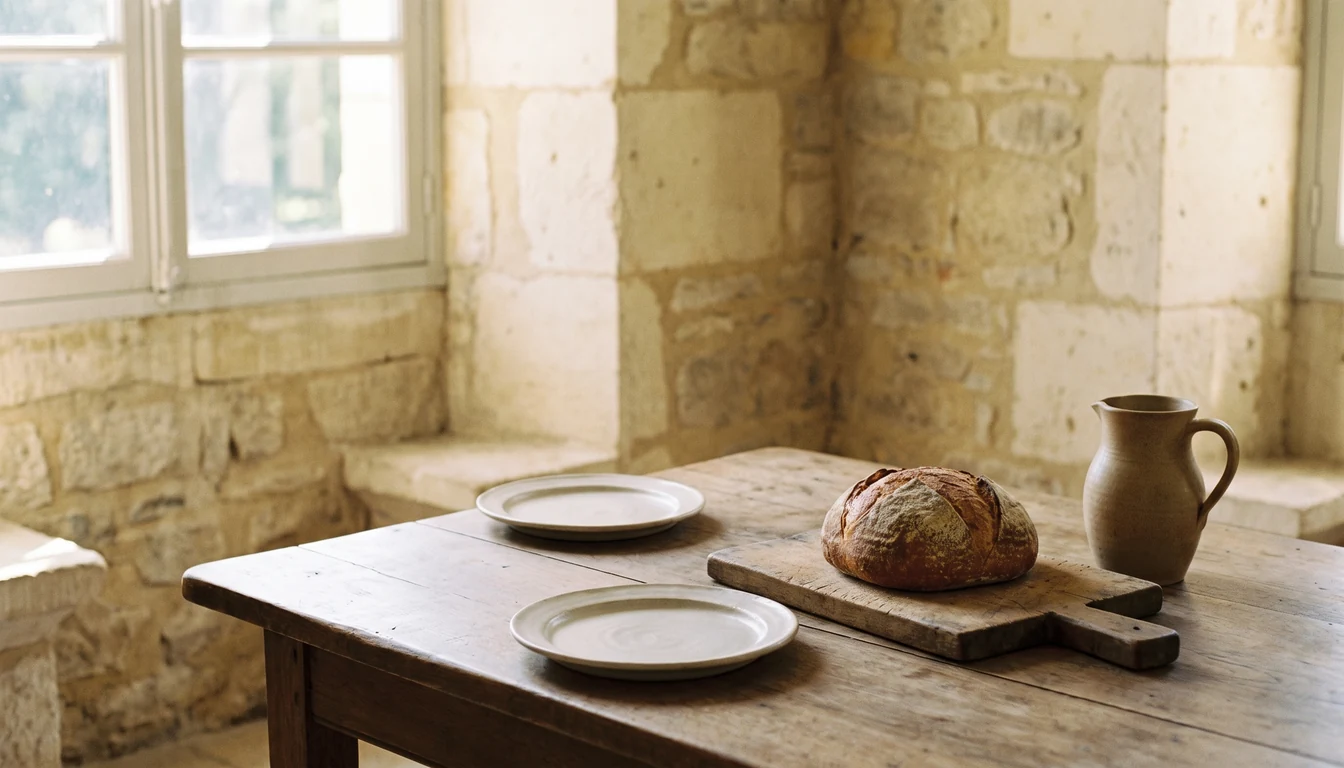 A small table set for a household meal in bright daylight, plain plates, a simple loaf and a jug of water