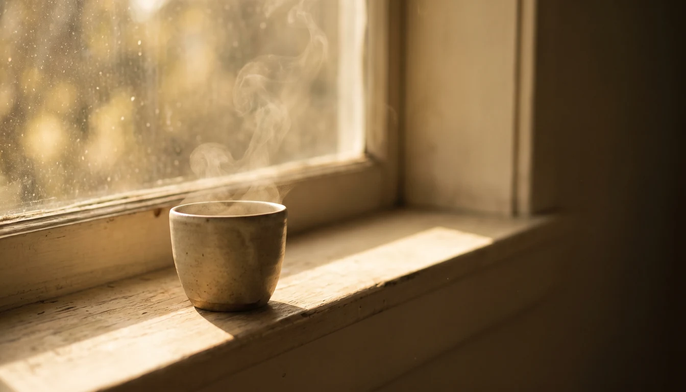 A plain ceramic cup steaming gently on a wooden table beside a window, early sunlight across the grain