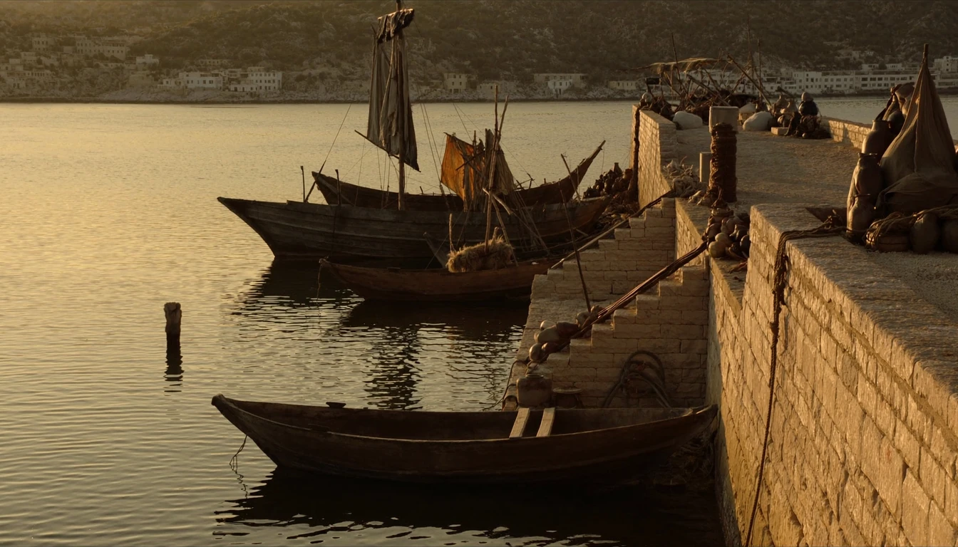 Wooden sailing boats moored along an ancient stone harbour quay at dawn, a hillside town beyond