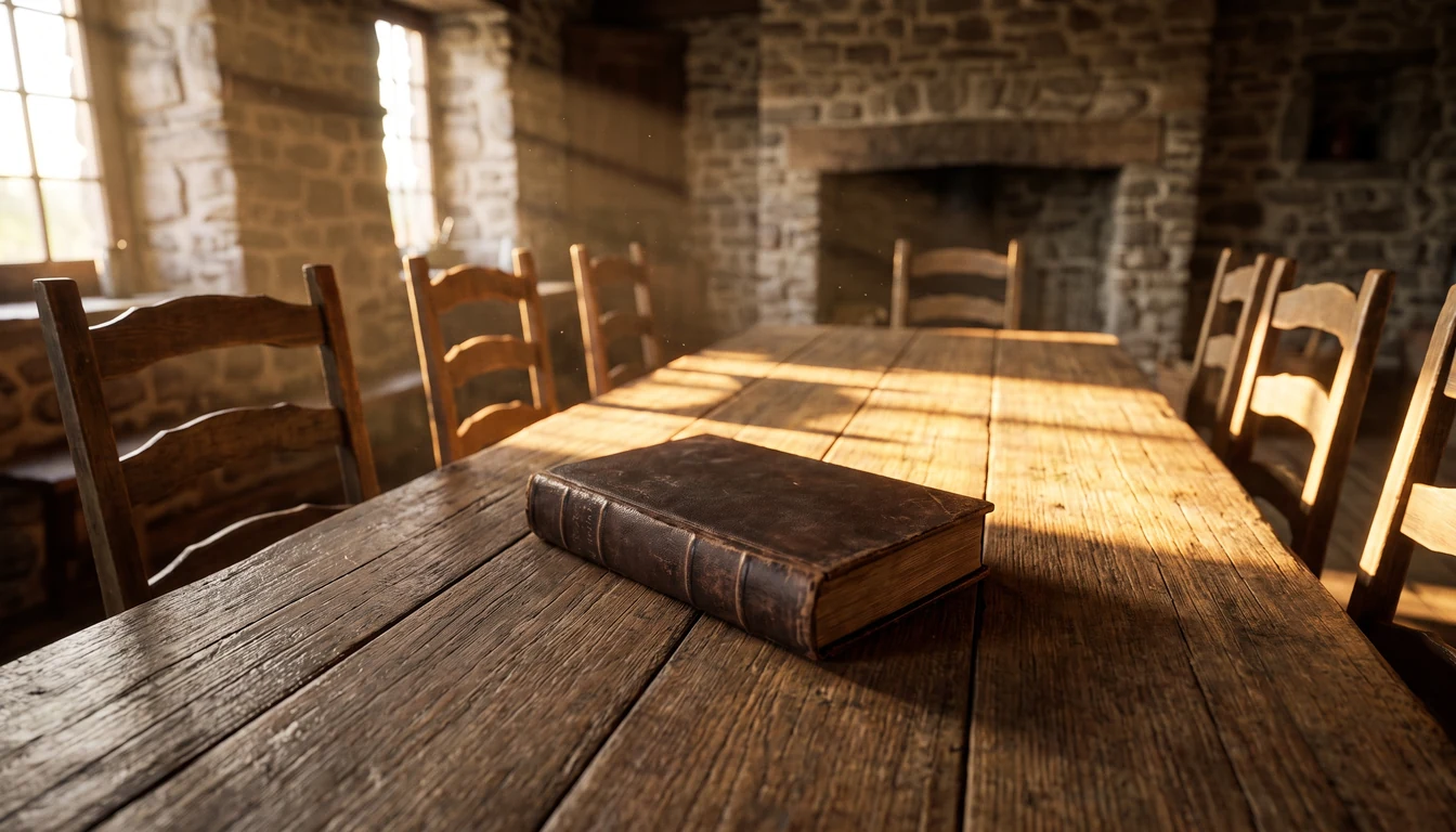 A closed Bible at the centre of a long wooden family table with empty chairs around it, window light from the side