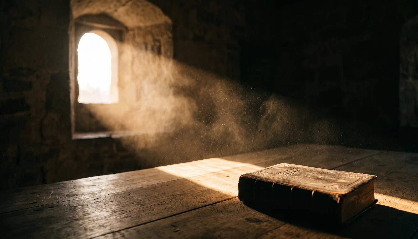 A shaft of morning light through a stone window falls across a closed leather Bible on a worn wooden table, dust suspended in the beam