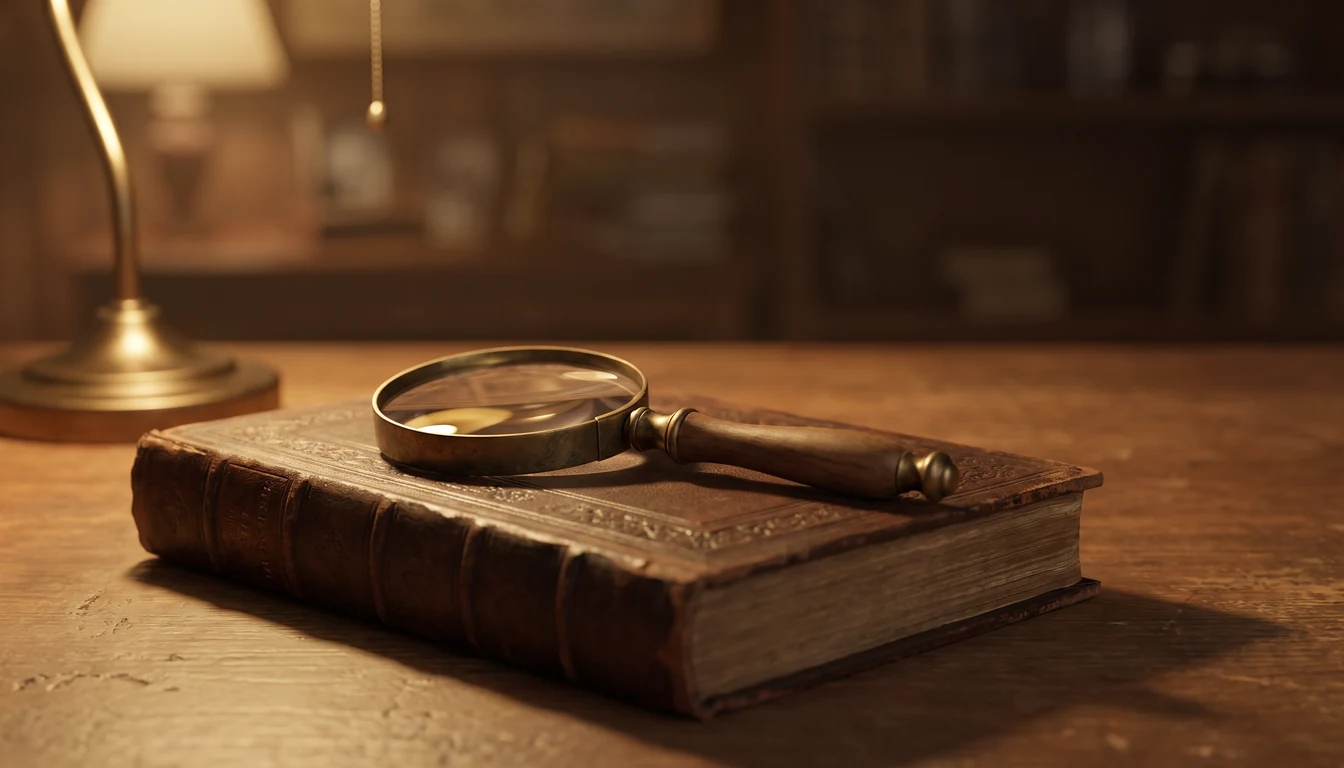 A brass magnifying glass resting at an angle on a closed book in warm desk light