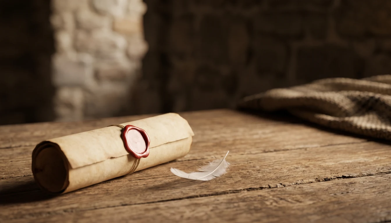 A rolled scroll closed with a plain wax seal, a single white dove feather resting beside it
