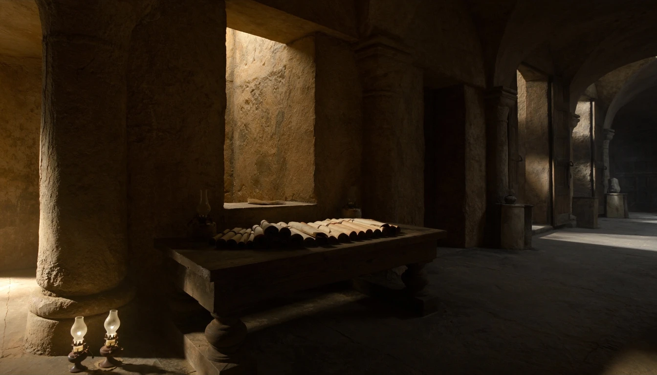 Rolled scrolls laid on a heavy wooden table in a stone vaulted room lit by small oil lamps