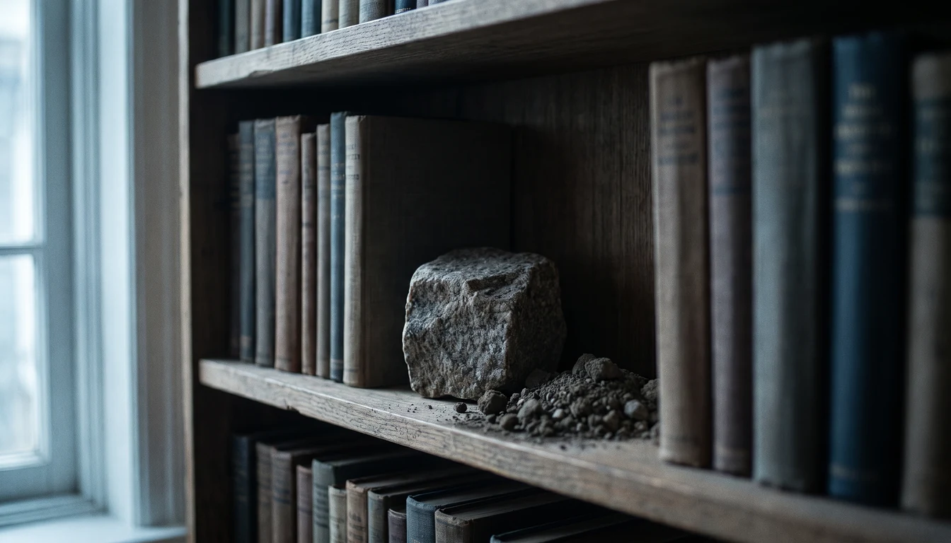The left half of a bookshelf with raw stone and earth on the ledge in cooler, harder light