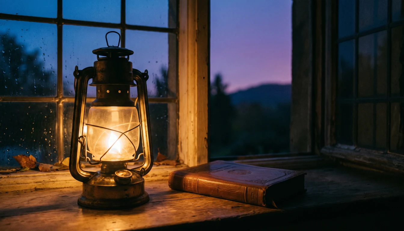 A lit lantern on a windowsill at dusk beside a closed book, the sky deepening to blue
