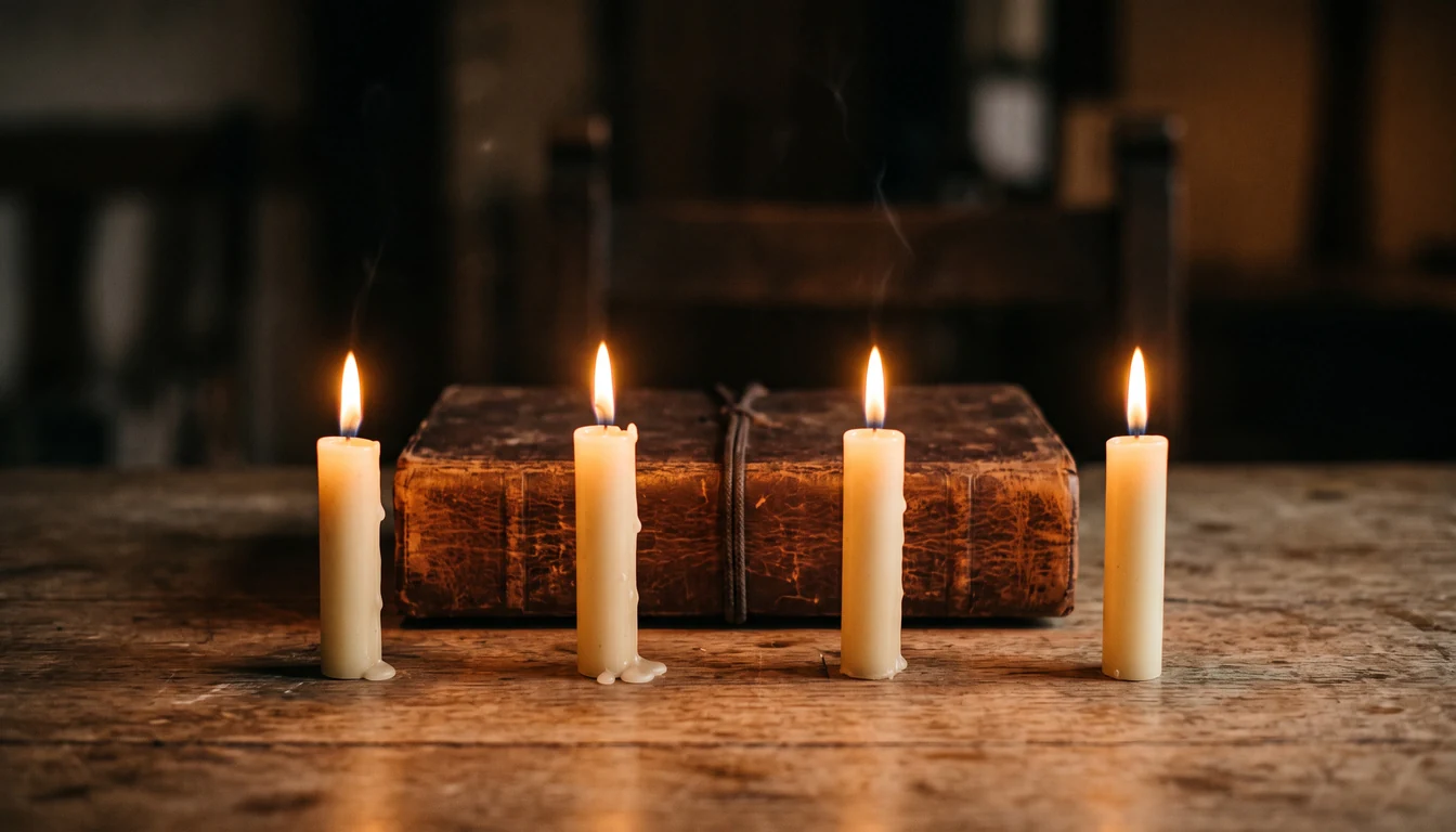 Four small candles of equal height burning in a row before a closed book