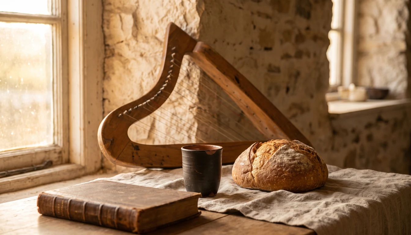 A small wooden harp, a loaf of bread and a clay cup on linen beside a closed book in warm honey light