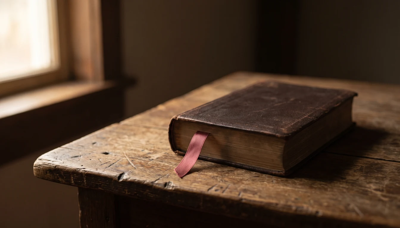 A closed leather Bible on a wooden table with a single silk ribbon marker resting between its pages