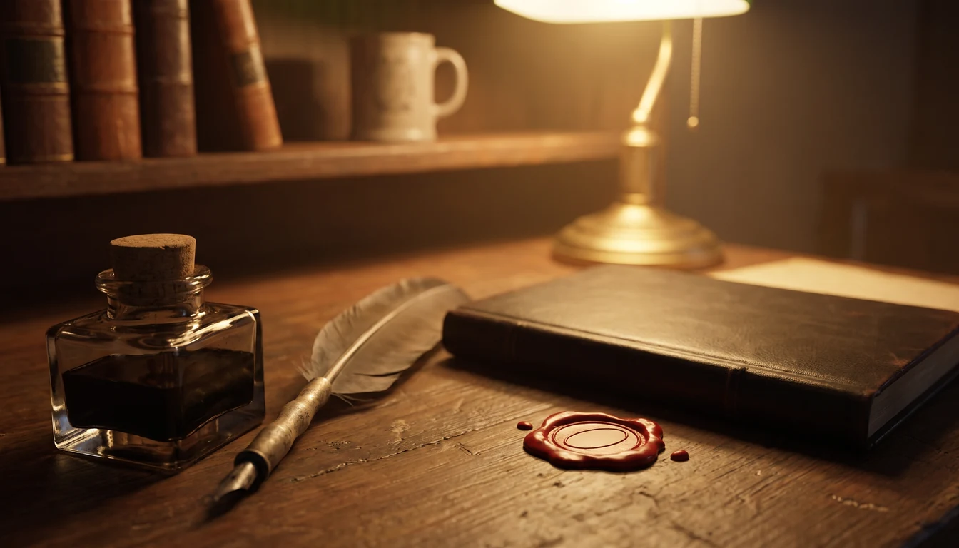 A glass inkwell and quill beside a plain red wax seal and a closed book on a dark table