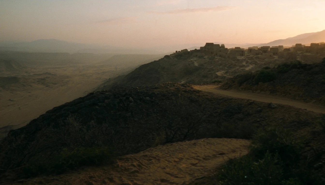 An ancient hill settlement at dusk above a wide arid plain, a track winding up toward it