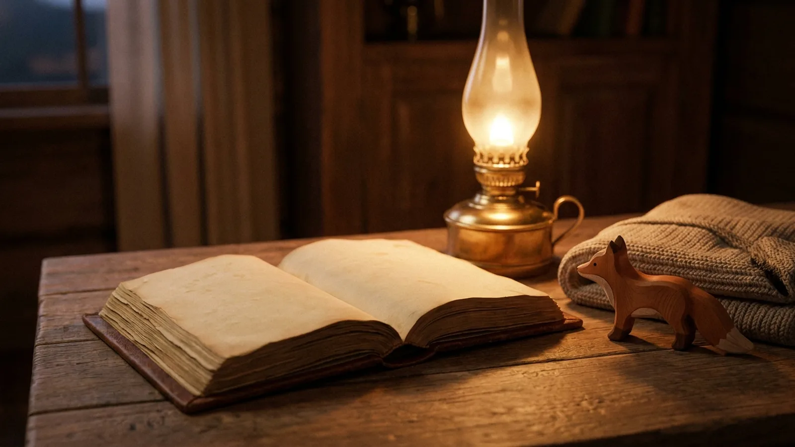 An antique open storybook beside a warm glowing oil lamp and a small wooden toy