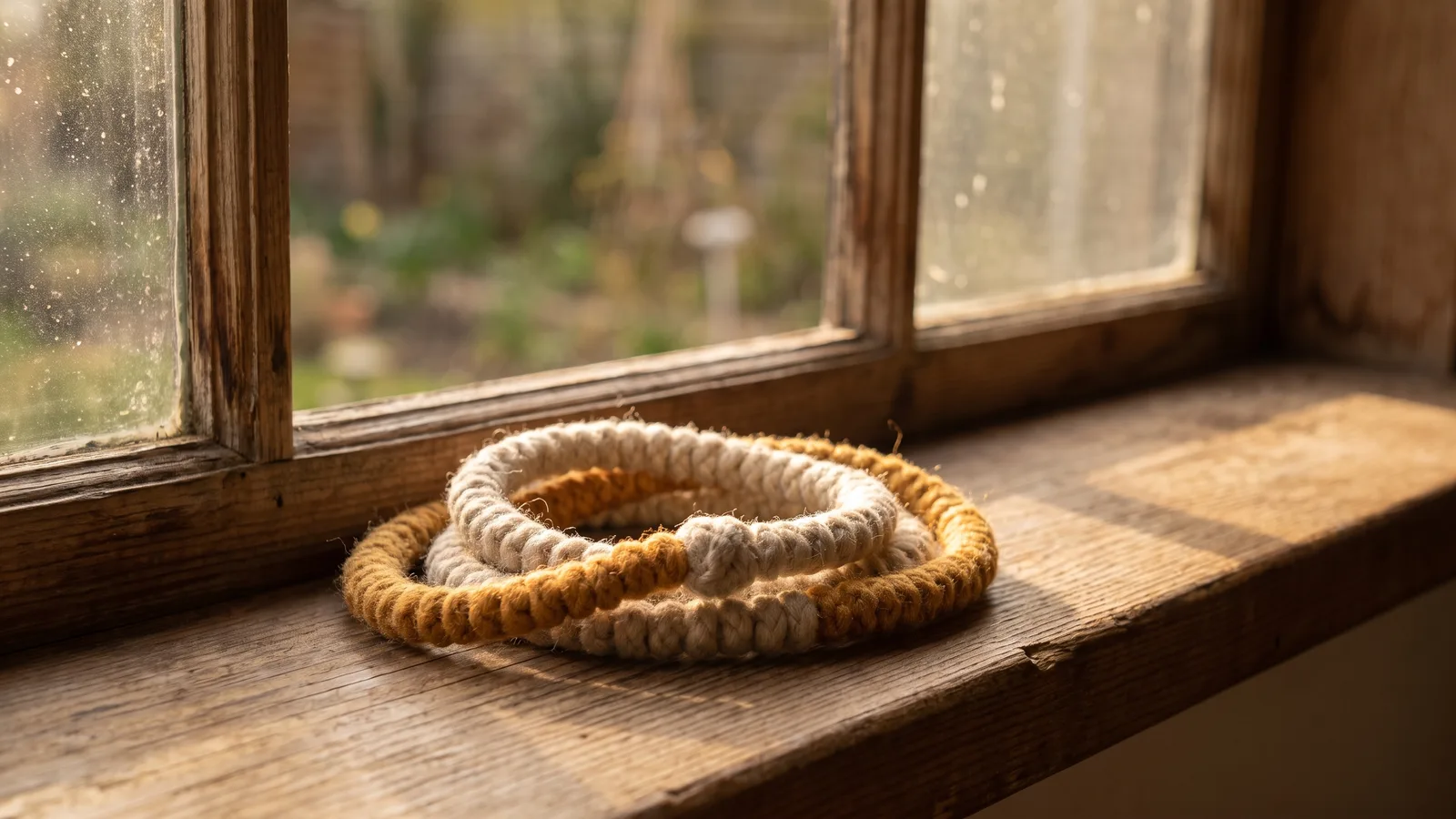 A simple knotted prayer rope resting coiled on a wooden windowsill in soft warm light